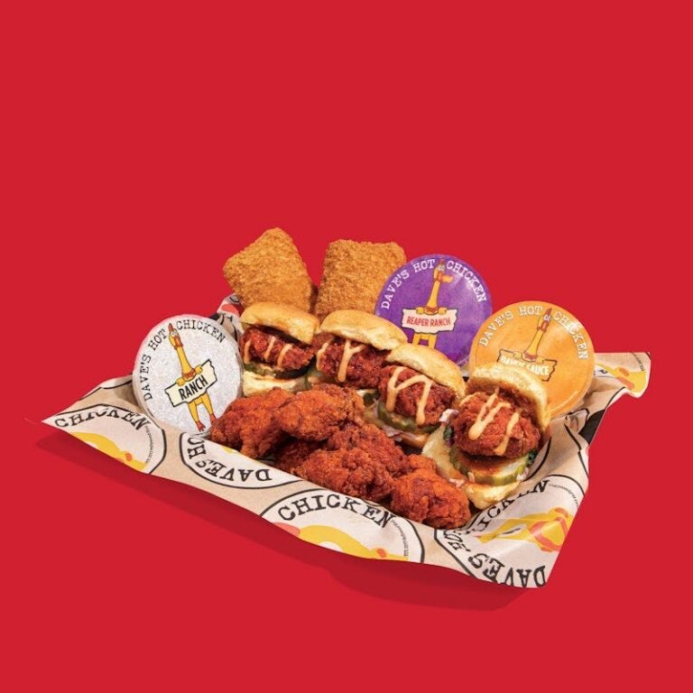 Dave’s Hot Chicken Build Your Own Big Trio with three selected items and dipping sauces