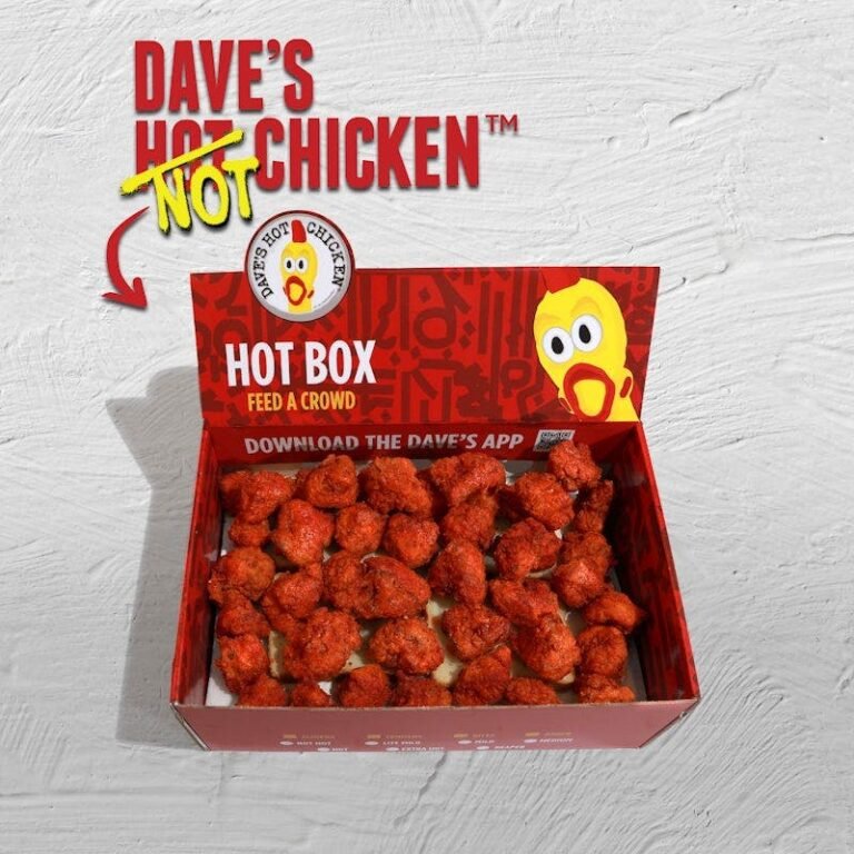 Dave’s Hot Chicken Cauliflower Bites Hot Box with forty cauliflower bites