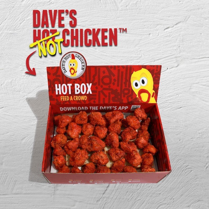 Dave’s Hot Chicken Cauliflower Bites Hot Box with forty cauliflower bites