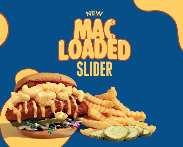 Dave’s Hot Chicken Mac Loaded Slider topped with mac and cheese and served with fries