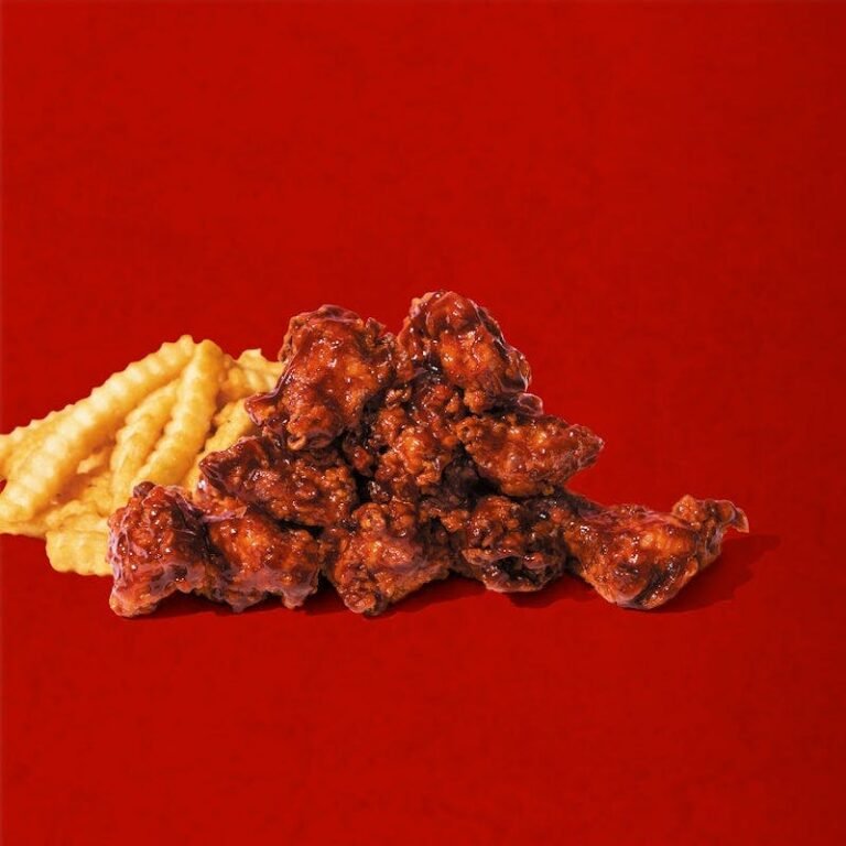 Dave’s Hot Chicken Mike’s Hot Honey Saucy Bites with fries
