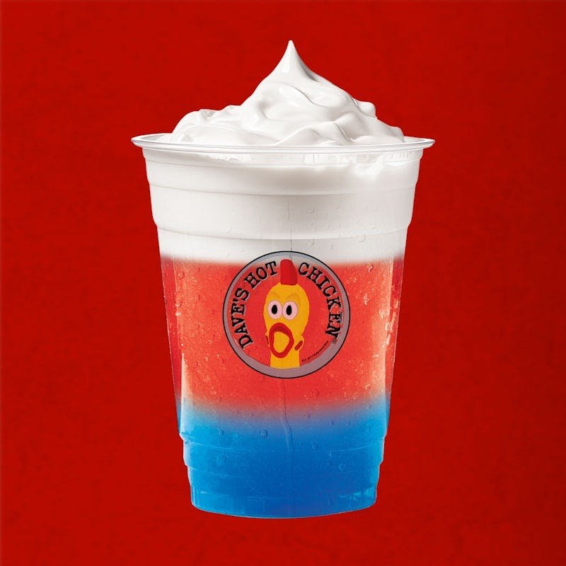 Dave’s Hot Chicken Rocket Creme Slusher with layered frozen flavors and cream