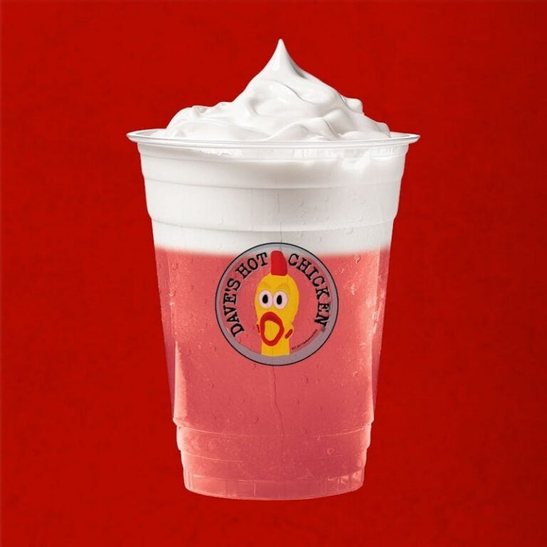 Dave’s Hot Chicken Strawberries and Creme Slusher with creamy topping
