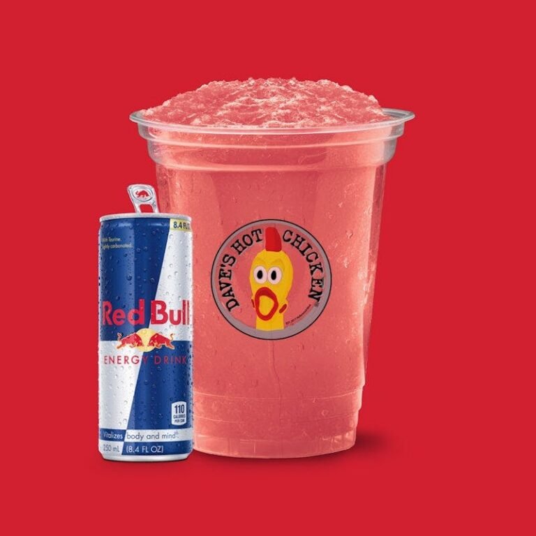 Dave’s Hot Chicken Strawberry Lemonade Red Bull Slusher with a Red Bull can