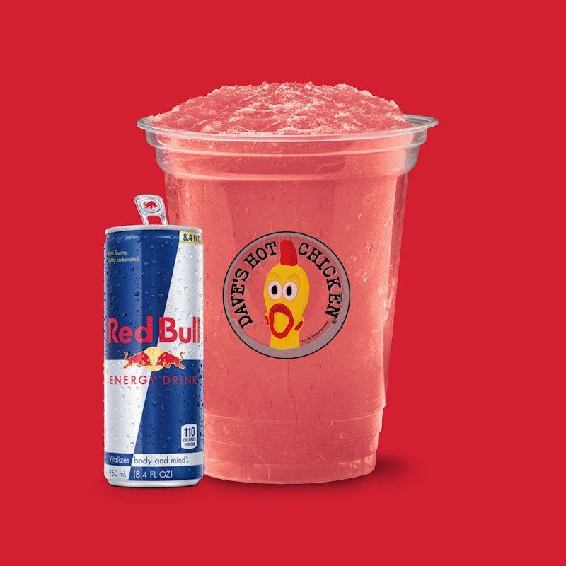Dave’s Hot Chicken Strawberry Lemonade Red Bull Slusher with a Red Bull can
