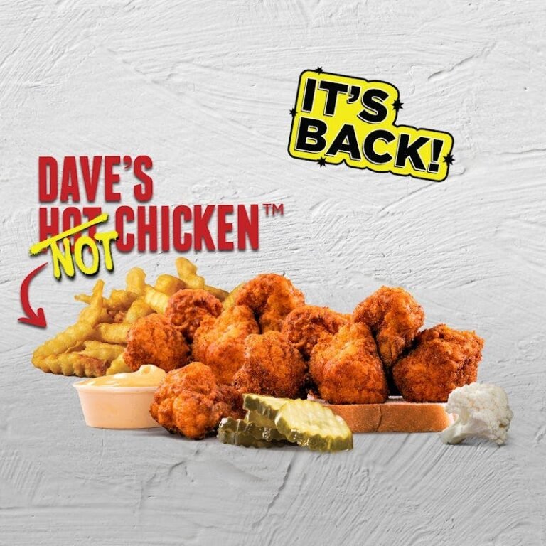 Dave’s Hot Chicken cauliflower tender bites with fries