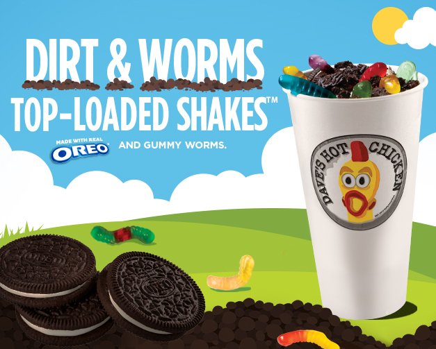 Dave’s Hot Chicken small Dirt and Worms Top-Loaded Shake with Oreo and gummy worms